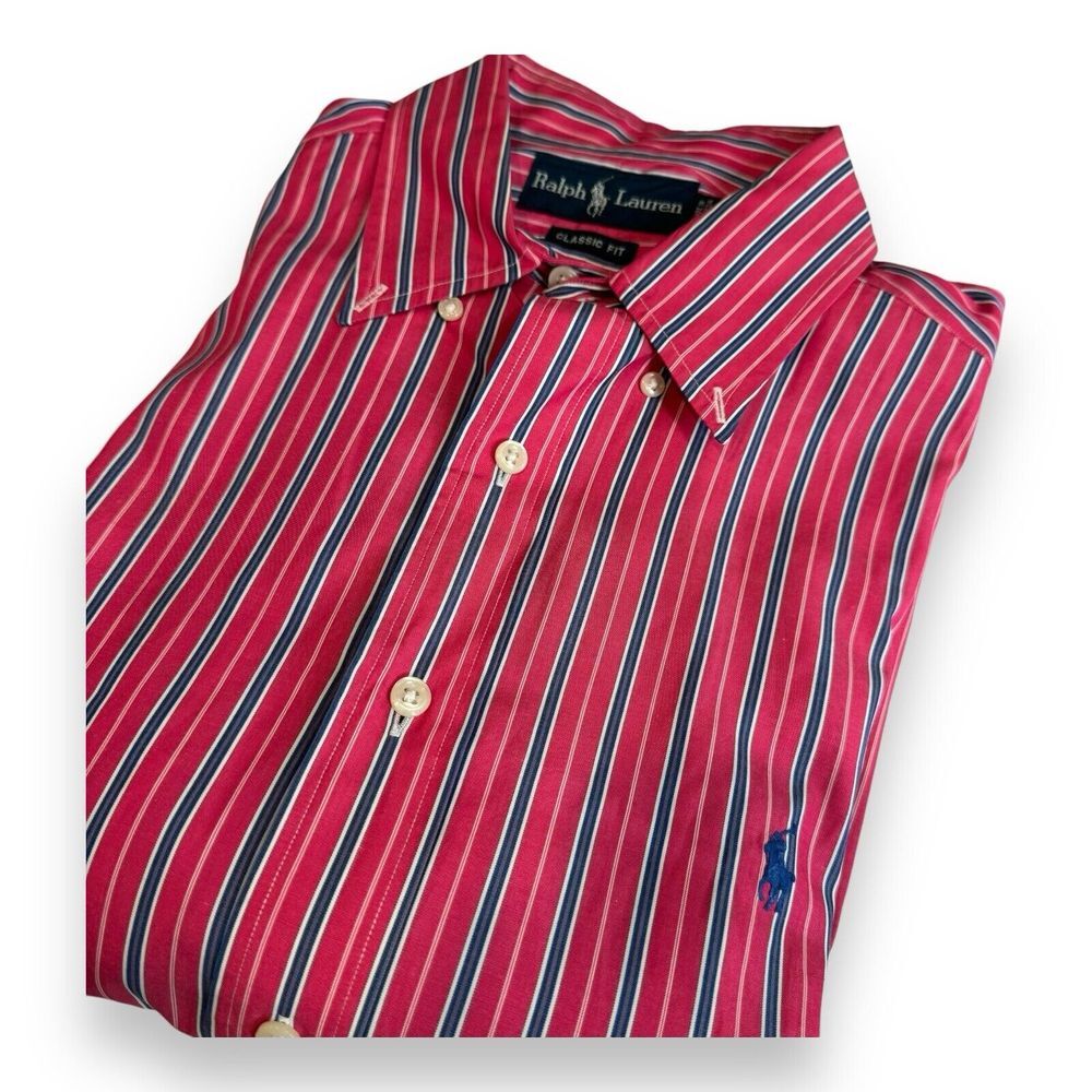Ralph Lauren Mens‎ Pink Blue Striped Classic Fit Long Sleeve Button Down 16 L